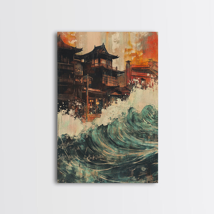 Japanese Pagoda Village With Crashing Wave Wall Art, Coastal Wall Decor, Asian Inspired Art, Dramatic Canvas Print For Living Room