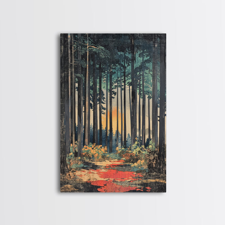 Tall Pine Forest Path At Sunset Wall Art, Nature Wall Decor, Moody Landscape Print, Woodland Canvas For Living Room Decor