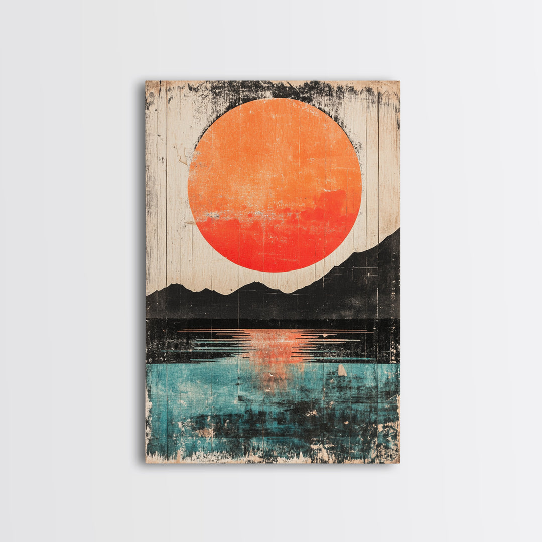 Giant Orange Sun Over Mountain Lake Wall Art, Japanese Wall Decor, Modern Landscape, Teal Canvas Print For Living Room Decor