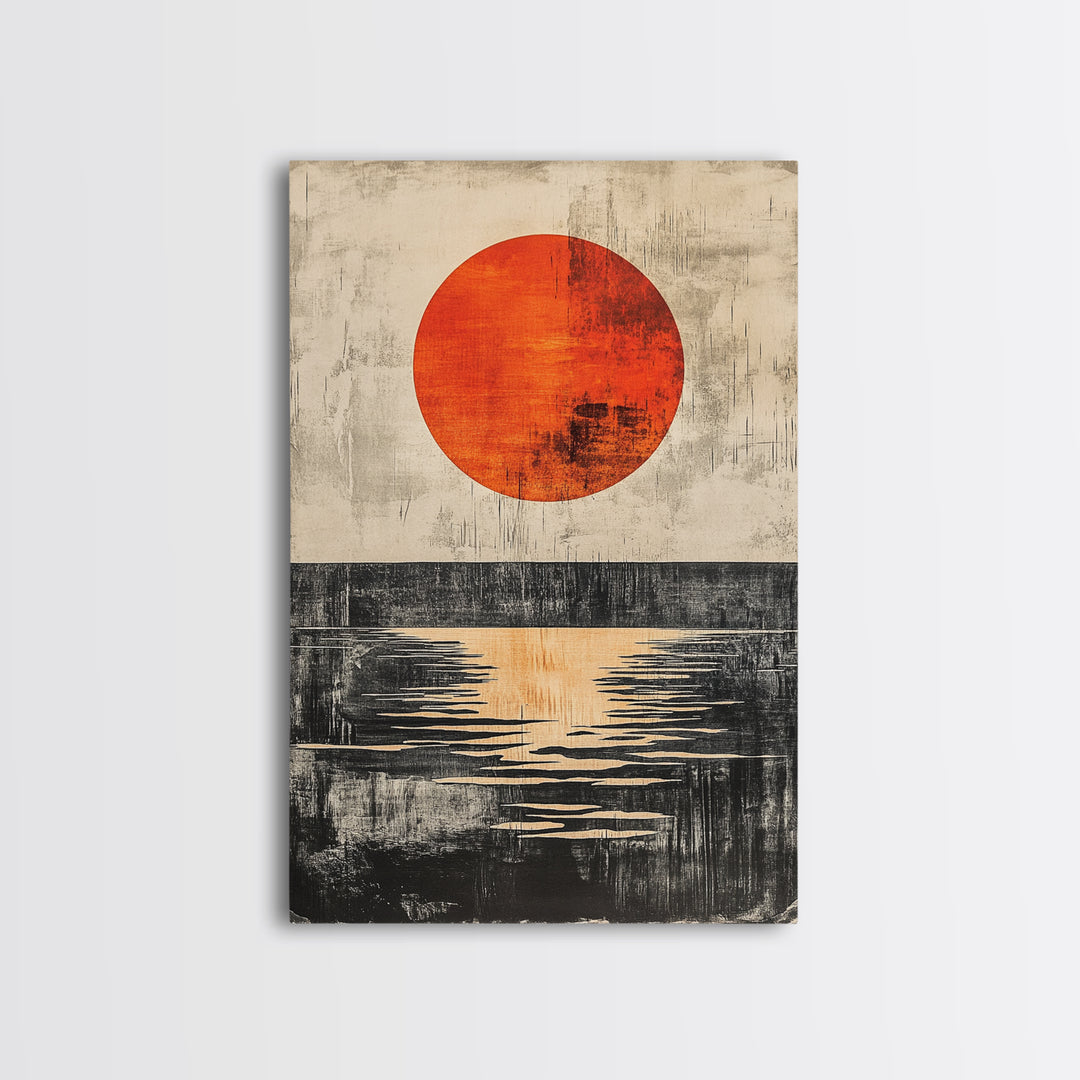 Minimal Red Sun Over Black Horizon Wall Art, Abstract Landscape Print, Japandi Wall Decor, Modern Canvas For Living Room