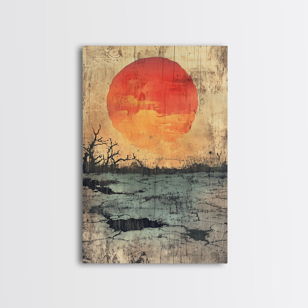 Large Orange Sun Over Barren Wetland Wall Art, Abstract Landscape, Moody Nature Print, Rustic Canvas For Living Room Decor