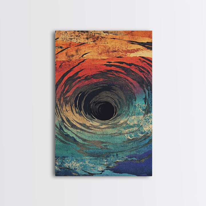 Abstract Ocean Vortex Wall Art, Teal Orange Whirlpool Print, Surreal Coastal Decor, Modern Statement Framed Canvas Print
