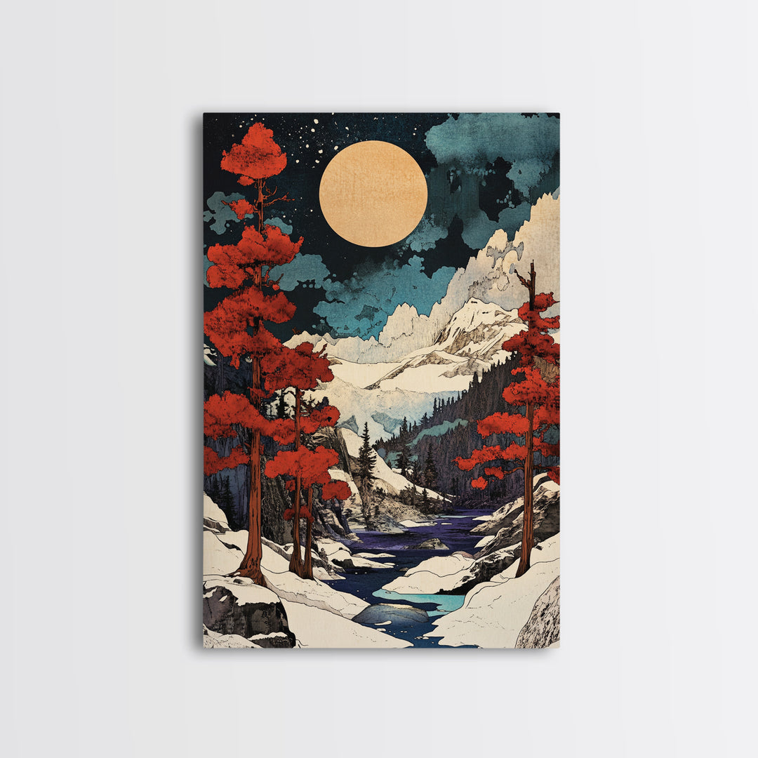 Full Moon Snowy Mountain Wall Art, Red Pine Japanese Landscape Canvas Print, Winter Forest Decor For Cabin Living Room Gift