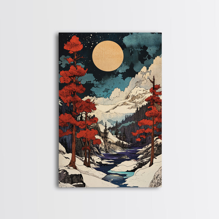 Full Moon Snowy Mountain Wall Art, Red Pine Japanese Landscape Canvas Print, Winter Forest Decor For Cabin Living Room Gift