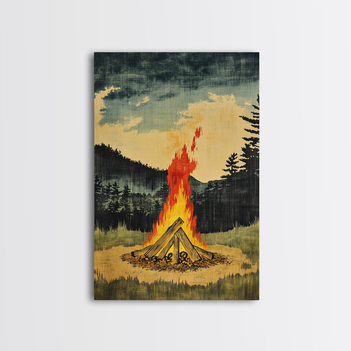 Forest Campfire At Dusk Wall Art, Rustic Cabin Landscape Canvas Print, Cozy Nature Decor For Man Cave Living Room Home Decor