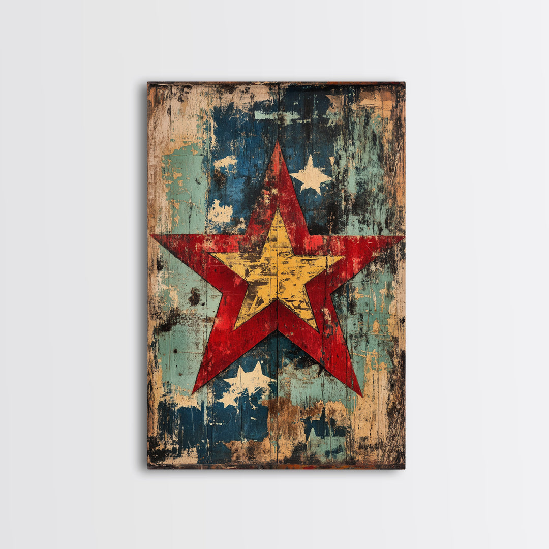 Weathered Red Star Wall Art, Rustic Americana Wood Panel Canvas Print, Patriotic Farmhouse Decor For Living Room Home Decor