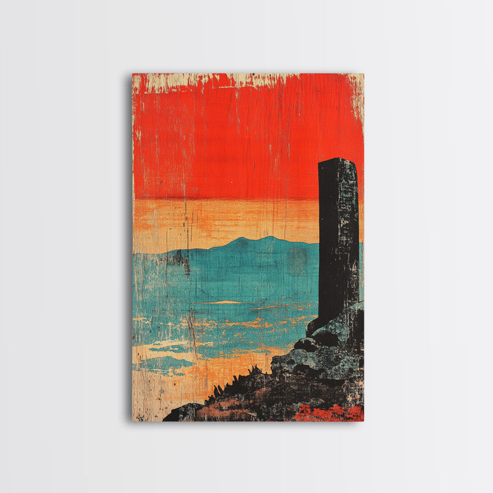 Orange Sunset Over Turquoise Sea Wall Art, Minimal Japanese Landscape Print, Coastal Zen Decor, Modern Living Room Art, Gift
