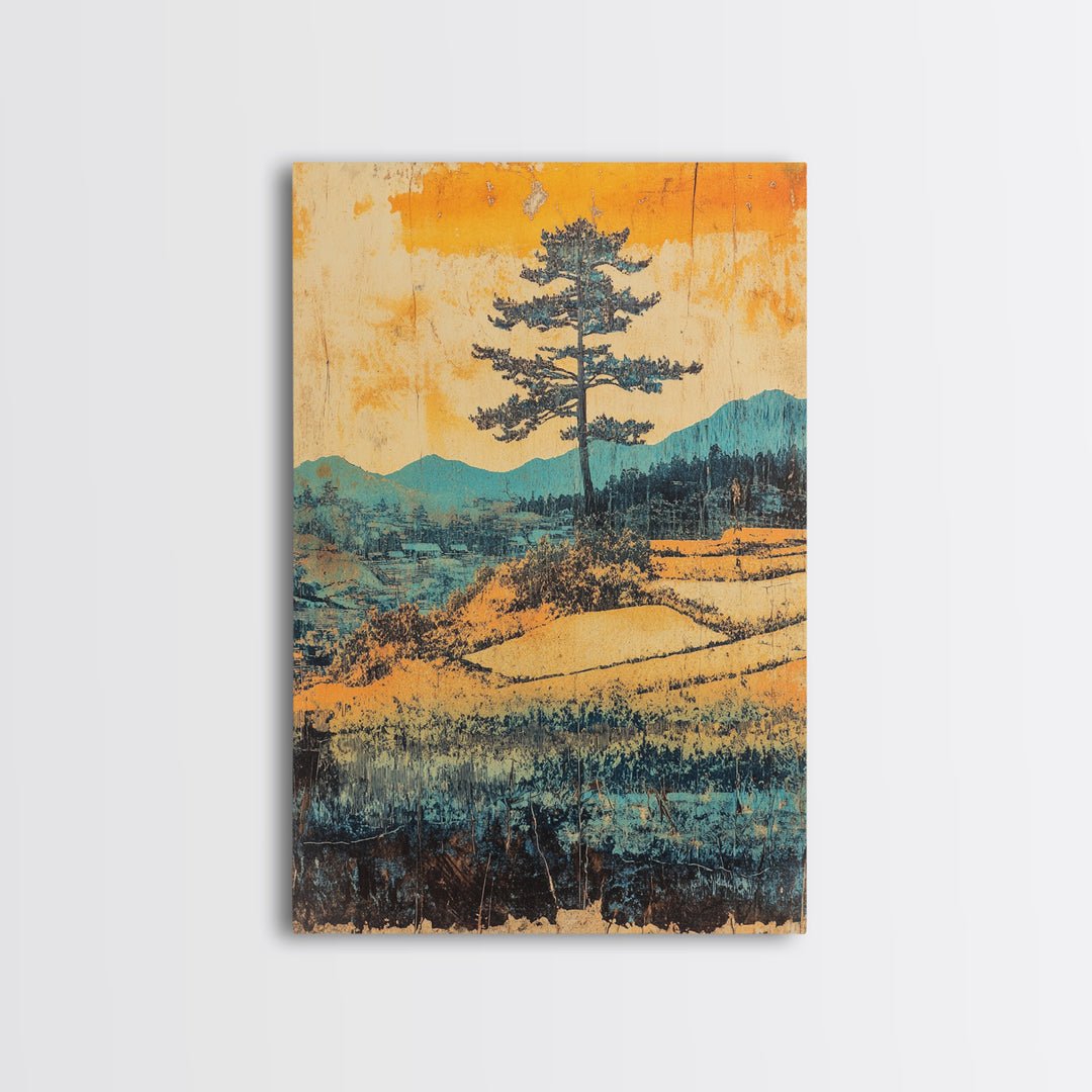 Lone Pine Above Terraced Fields Wall Art, Japanese Mountain Landscape Print, Rustic Nature Decor, Serene Farmhouse Art, Gift