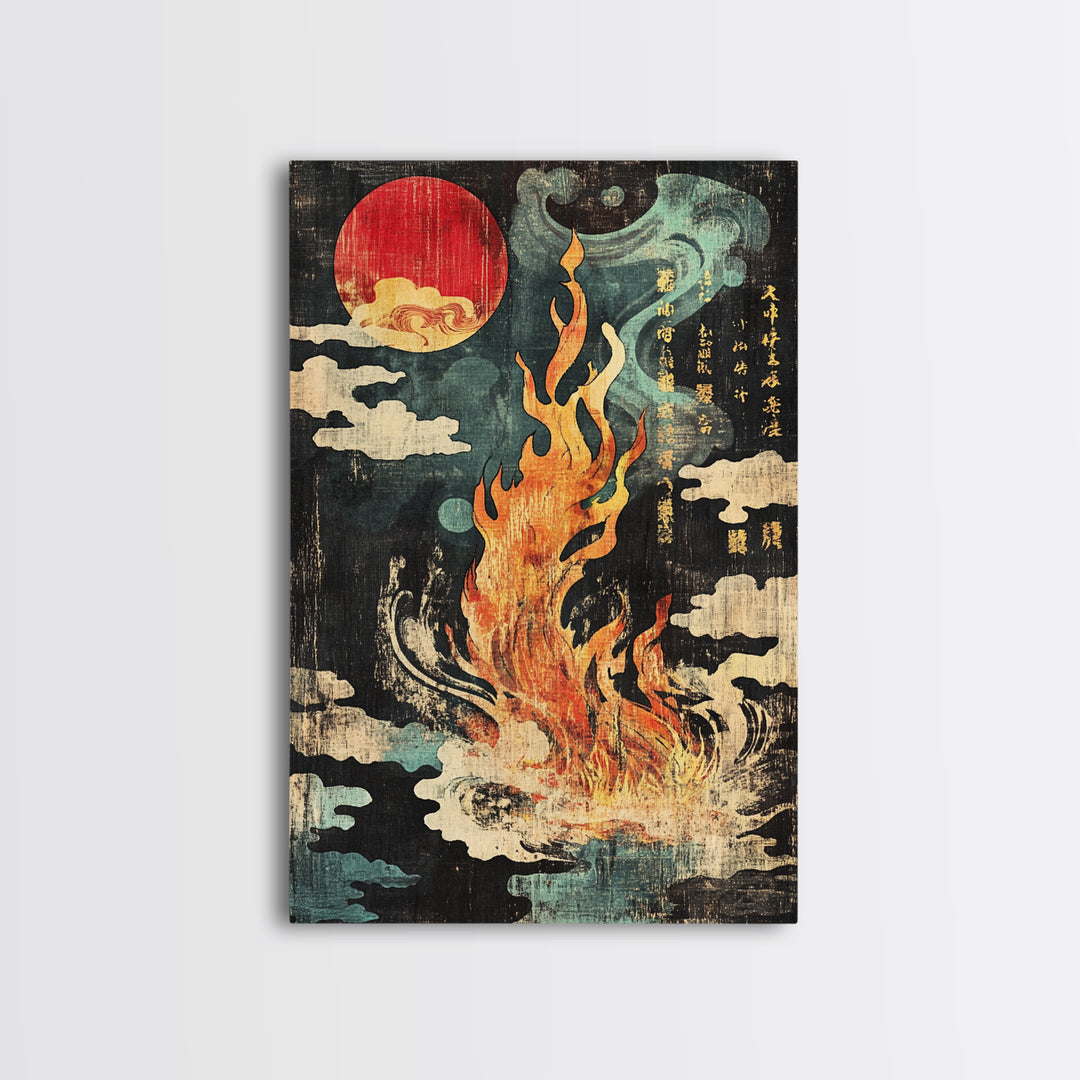 Mystic Fire Under Red Moon Canvas Print, Japanese Folklore Wall Art, Celestial Fantasy Decor, Dark Zen Statement Print, Gift