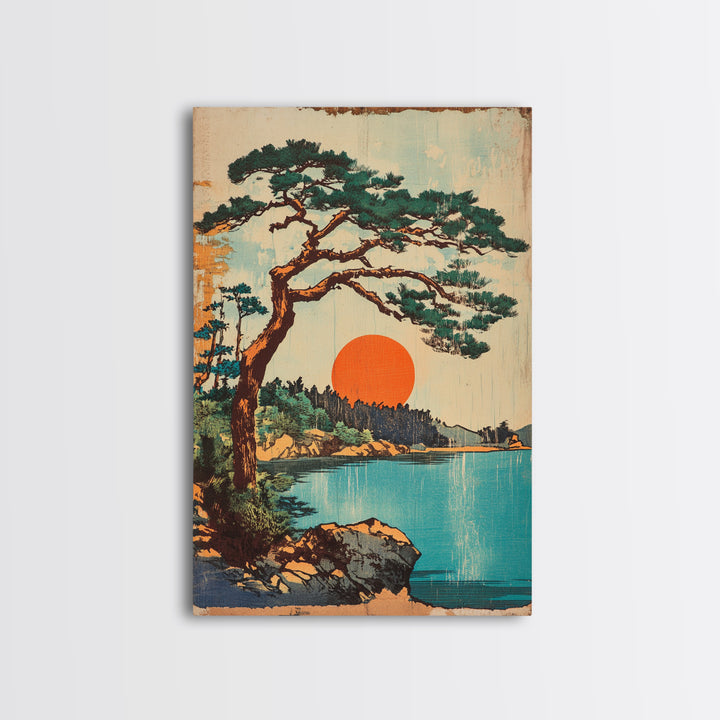 Lakeside Pine At Orange Sun Framed Canvas Print, Japanese Landscape Wall Art, Coastal Cabin Decor, Serene Nature Home Decor