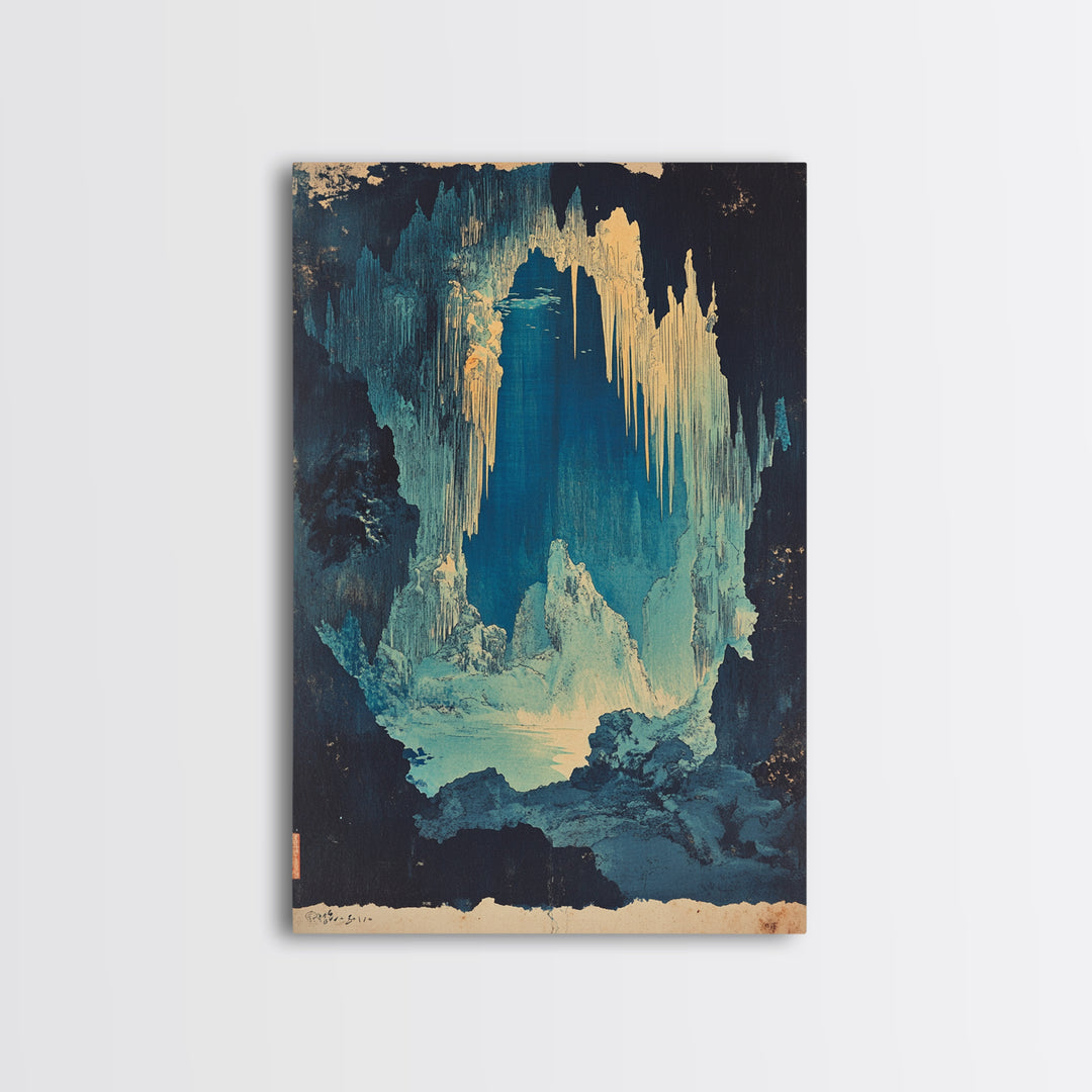 Blue Ice Cave With Glowing Cavern Lake Framed Canvas Print, Fantasy Landscape Wall Art, Moody Nature Decor, Unique Office Art