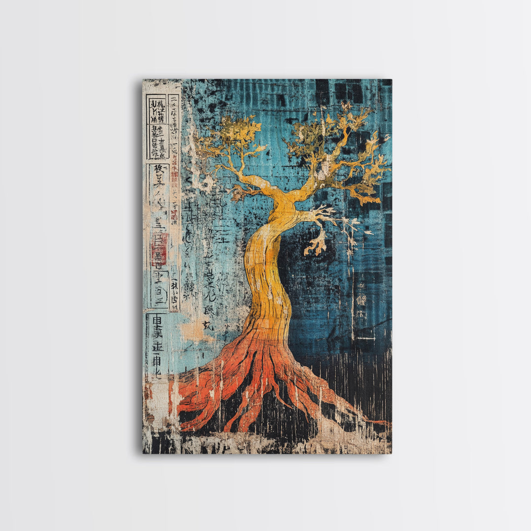 Golden Tree With Red Roots On Blue Canvas Print, Japanese Botanical Wall Art, Abstract Nature Decor, Organic Modern Home Decor