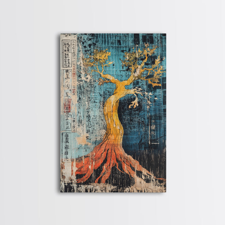 Golden Tree With Red Roots On Blue Canvas Print, Japanese Botanical Wall Art, Abstract Nature Decor, Organic Modern Home Decor