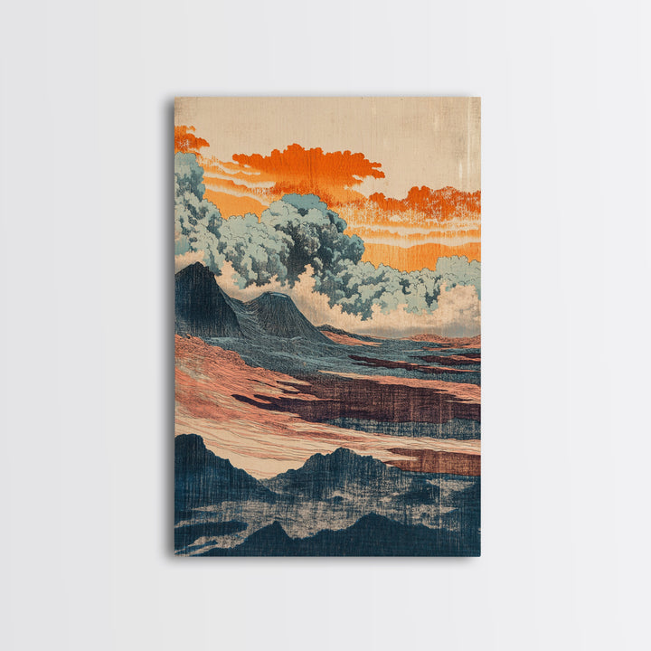 Orange Clouds Over Abstract Sea And Hills Wall Art, Japanese Landscape Print, Mid Century Modern Decor, Boho Living Room Art