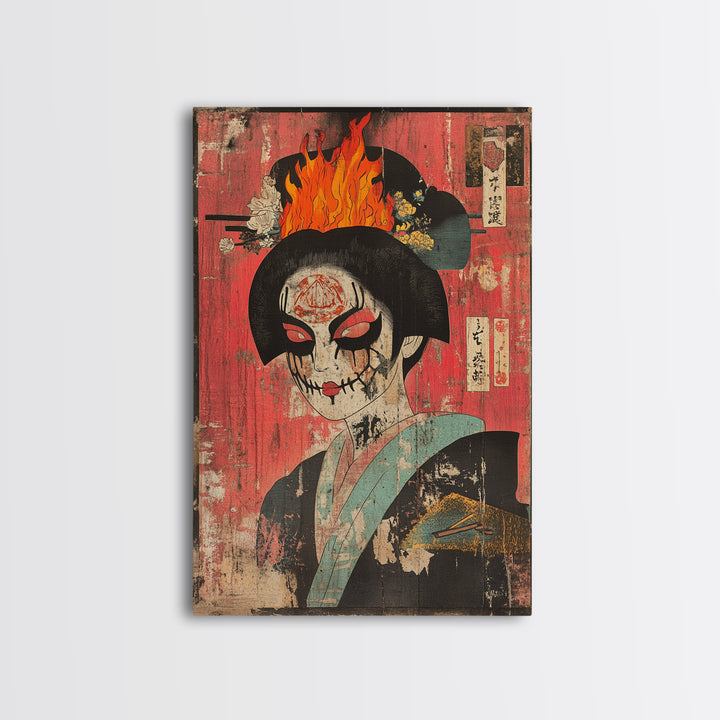Gothic Geisha Skull With Flaming Headdress Canvas Print, Japanese Dark Wall Art, Surreal Portrait Decor, Moody Maximalist Art