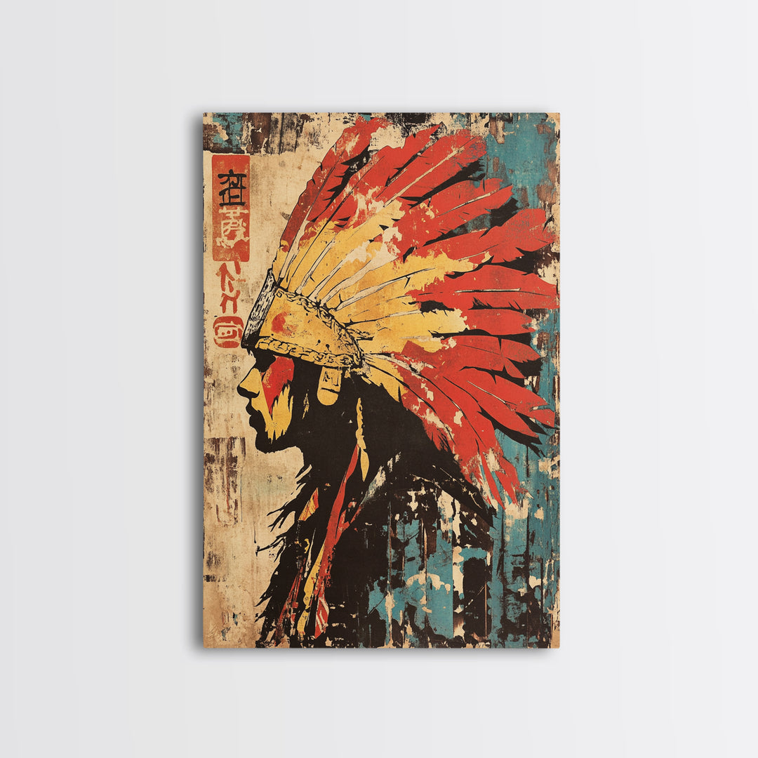 Indigenous Warrior Headdress Canvas Print, Tribal Wall Art, Southwestern Decor, Cultural Art Print, Bold Western Home Decor