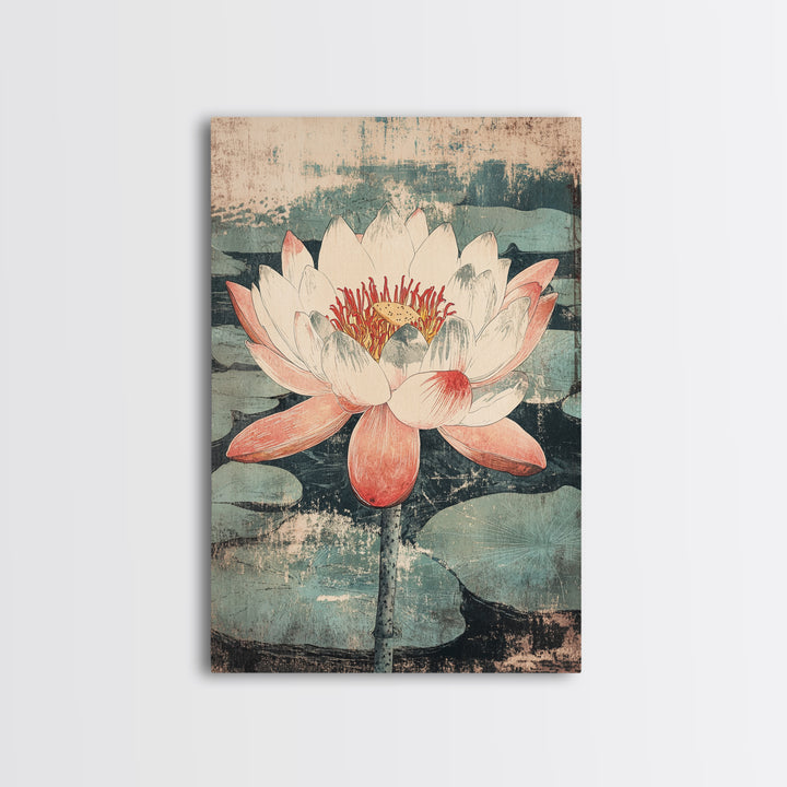 Pink Lotus Flower Botanical Wall Art, Japanese Canvas Print, Water Lily Pond Decor, Japandi Nature Art For Bedroom Decor