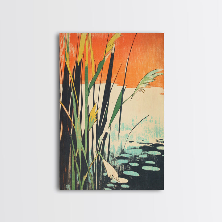 Tall Reeds Orange Sunset Canvas Print, Botanical Wall Art, Japanese Pond Landscape, Nature Decor, Serene Japandi Art Print