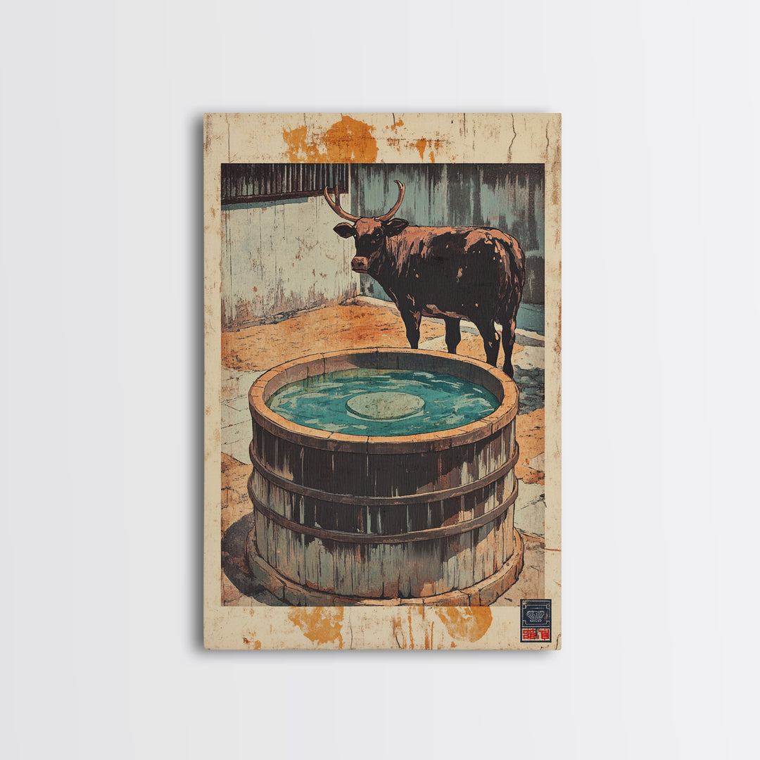 Longhorn Bull Water Trough Canvas Print, Western Wall Art, Rustic Farmhouse Decor, Ranch Animal Art, Country Wall Decor