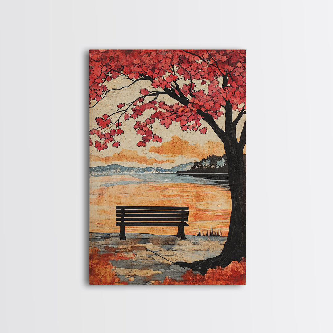 Red Maple Tree Bench By Quiet Lake Wall Art, Japanese Garden Print, Autumn Sunset Decor, Serene Living Room Wall Decor, Housewarming Gift