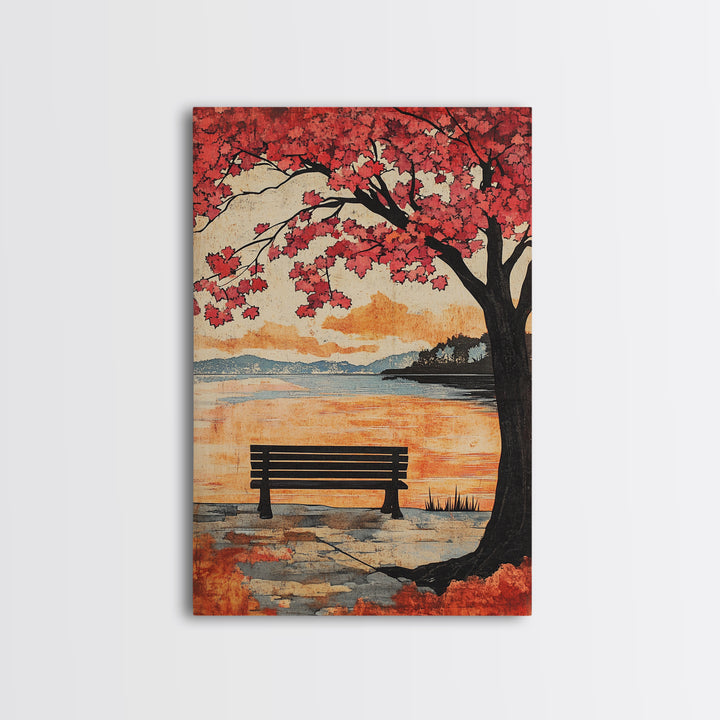 Red Maple Tree Bench By Quiet Lake Wall Art, Japanese Garden Print, Autumn Sunset Decor, Serene Living Room Wall Decor, Housewarming Gift
