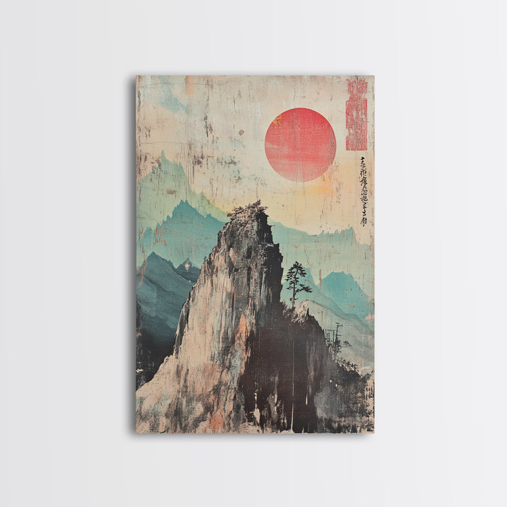 Misty Mountain Peak With Red Sun Wall Art, Japanese Landscape Print, Zen Home Decor, Calm Office Decor, Nature Wall Art Print