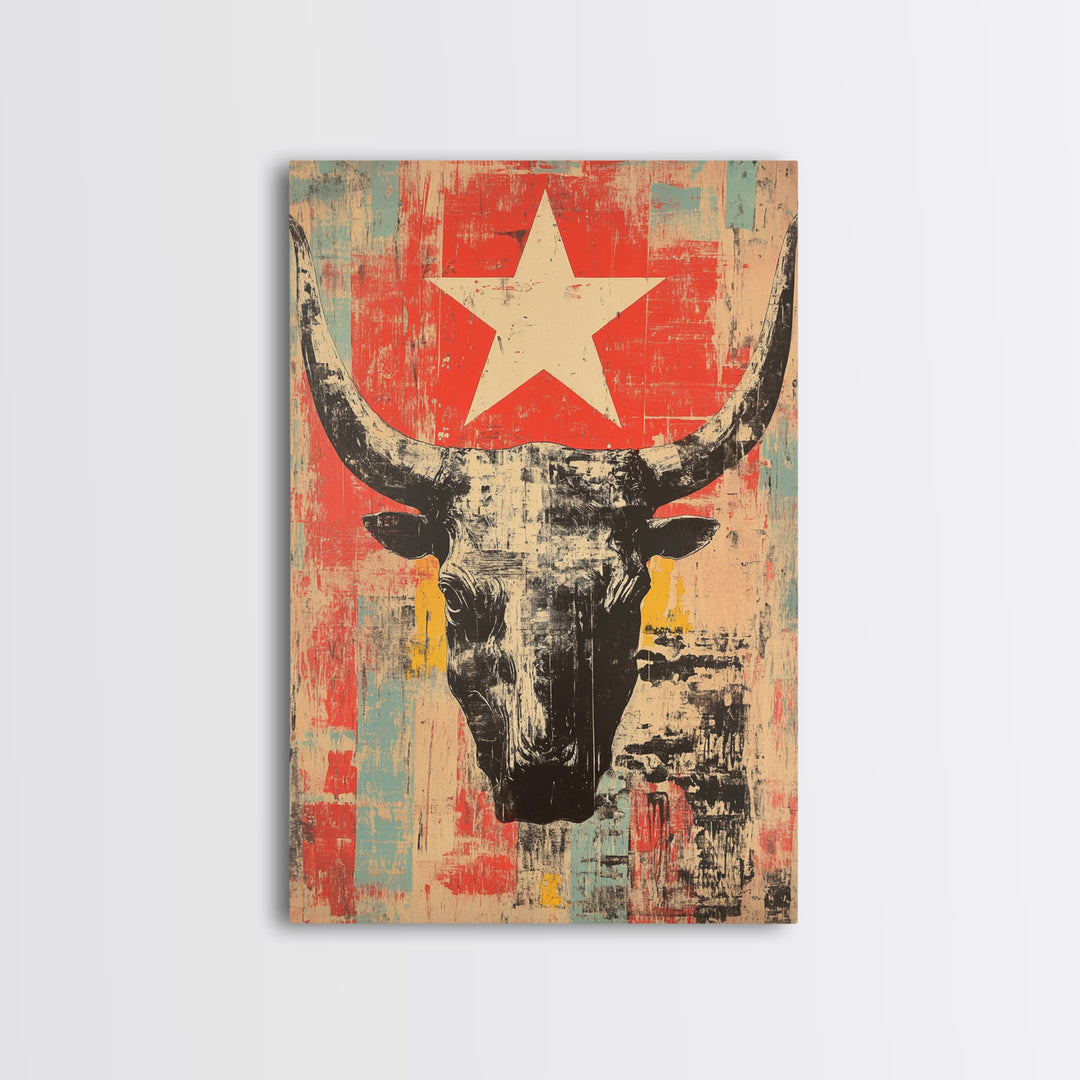 Longhorn Skull With White Star Canvas Print, Western Wall Art, Southwestern Decor, Rustic Ranch Art, Bold Living Room Decor