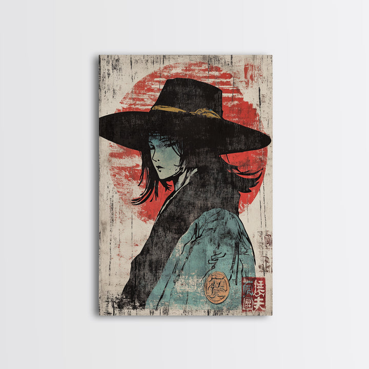 Mysterious Woman In Wide Black Hat Wall Art, Japanese Portrait Print, Anime Style Decor, Moody Wall Decor, Gift For Her, Home Decor