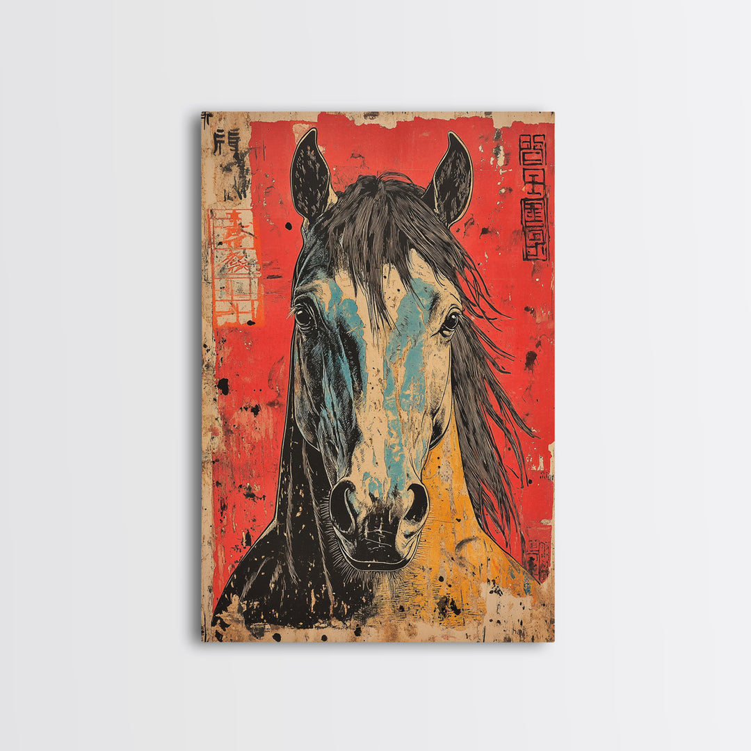 Expressive Horse Portrait On Red Canvas Print, Western Equestrian Wall Art, Rustic Ranch Decor, Horse Lover Gift, Living Room Decor