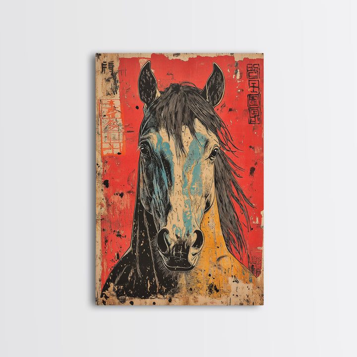 Expressive Horse Portrait On Red Canvas Print, Western Equestrian Wall Art, Rustic Ranch Decor, Horse Lover Gift, Living Room Decor