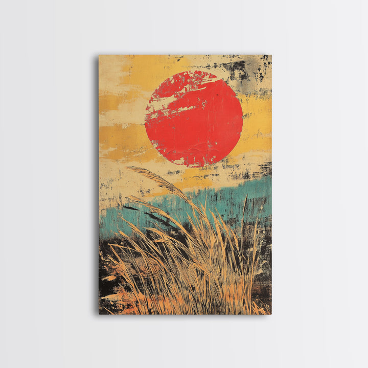 Red Sun Over Golden Reeds Canvas Print, Japanese Landscape Poster, Japandi Wall Decor, Boho Asian Inspired Home Decor, Art Print