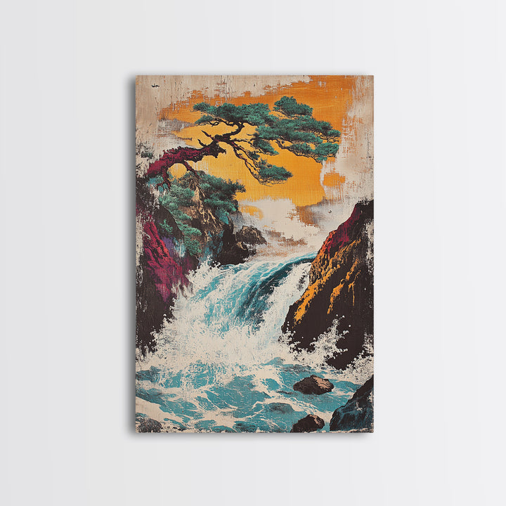 Pine Tree Waterfall Mountain Framed Canvas Print, Japanese Landscape Art, Nature Wall Decor, Serene Asian Home Decor, Living Room Art