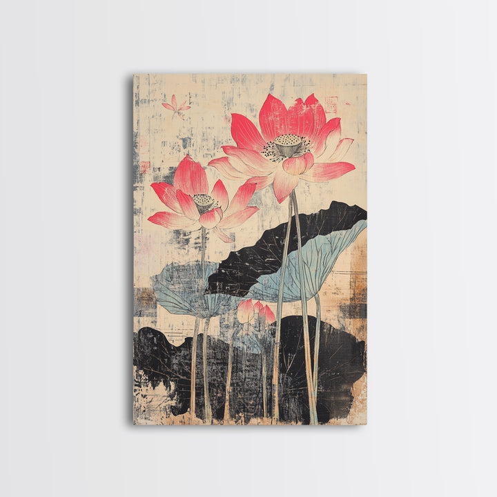 Pink Lotus Flowers With Ink Leaves Wall Art, Botanical Japanese Print, Asian Inspired Decor, Feminine Bedroom Wall Decor