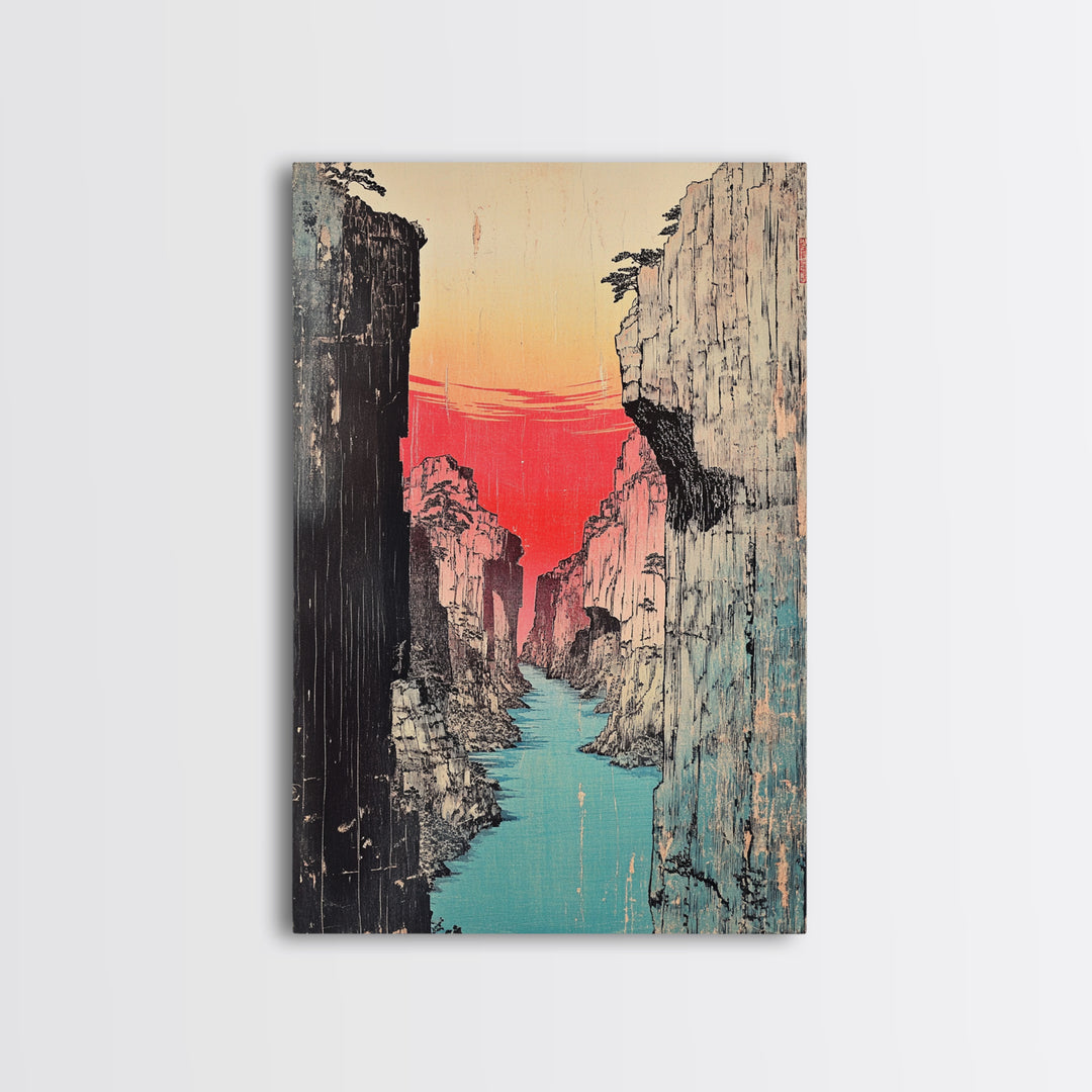 Red Sunset Canyon River Canvas Print, Japanese Gorge Landscape, Dramatic Nature Wall Decor, Asian Inspired Office Art, Home Decor