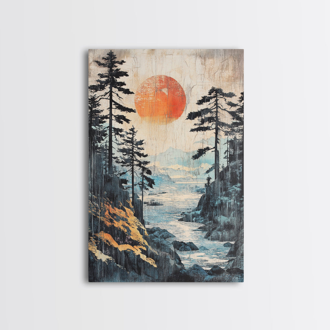 Red Sun Forest River Wall Art, Japanese Mountain Landscape Print, Nature Wall Decor, Large Framed Canvas Print For Living Room Decor