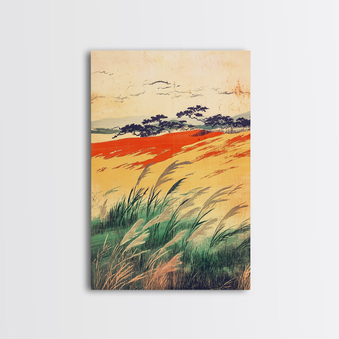 Golden Meadow Grasses And Coastal Hills Wall Art, Rustic Country Landscape Print, Farmhouse Decor, Warm Nature Canvas Print