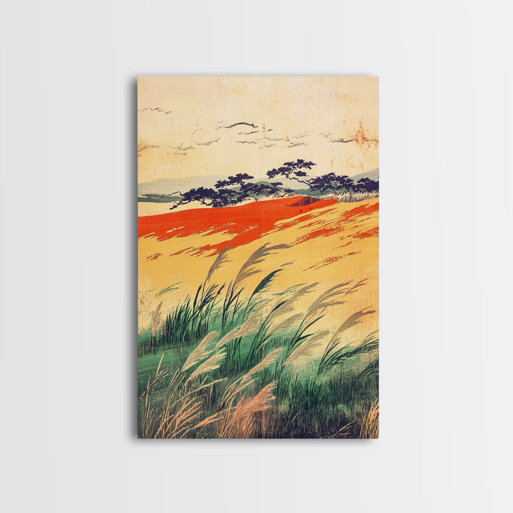 Golden Meadow Grasses And Coastal Hills Wall Art, Rustic Country Landscape Print, Farmhouse Decor, Warm Nature Canvas Print