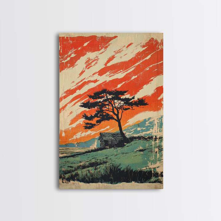 Lone Tree Cabin And Orange Mountain Sky Wall Art, Rustic Landscape Print, Western Home Decor, Statement Framed Canvas Print