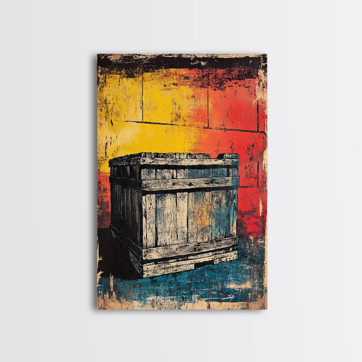 Weathered Wooden Crate Still Life Wall Art, Rustic Industrial Decor, Farmhouse Kitchen Print, Bold Color Canvas Print, Housewarming Gift