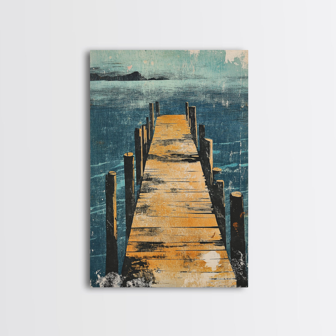 Wooden Dock Over Blue Lake Wall Art, Coastal Pier Landscape Print, Lake House Decor, Nautical Framed Canvas Print, Living Room Decor