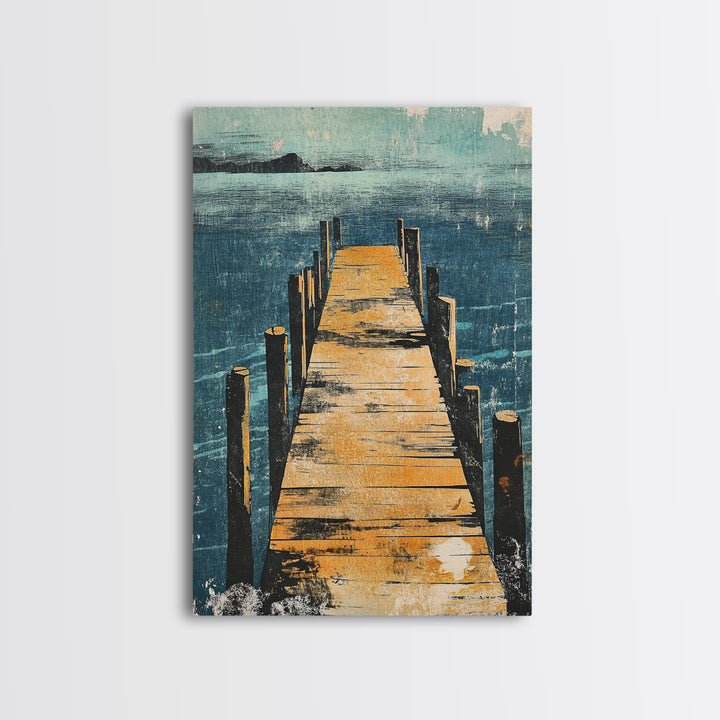 Wooden Dock Over Blue Lake Wall Art, Coastal Pier Landscape Print, Lake House Decor, Nautical Framed Canvas Print, Living Room Decor