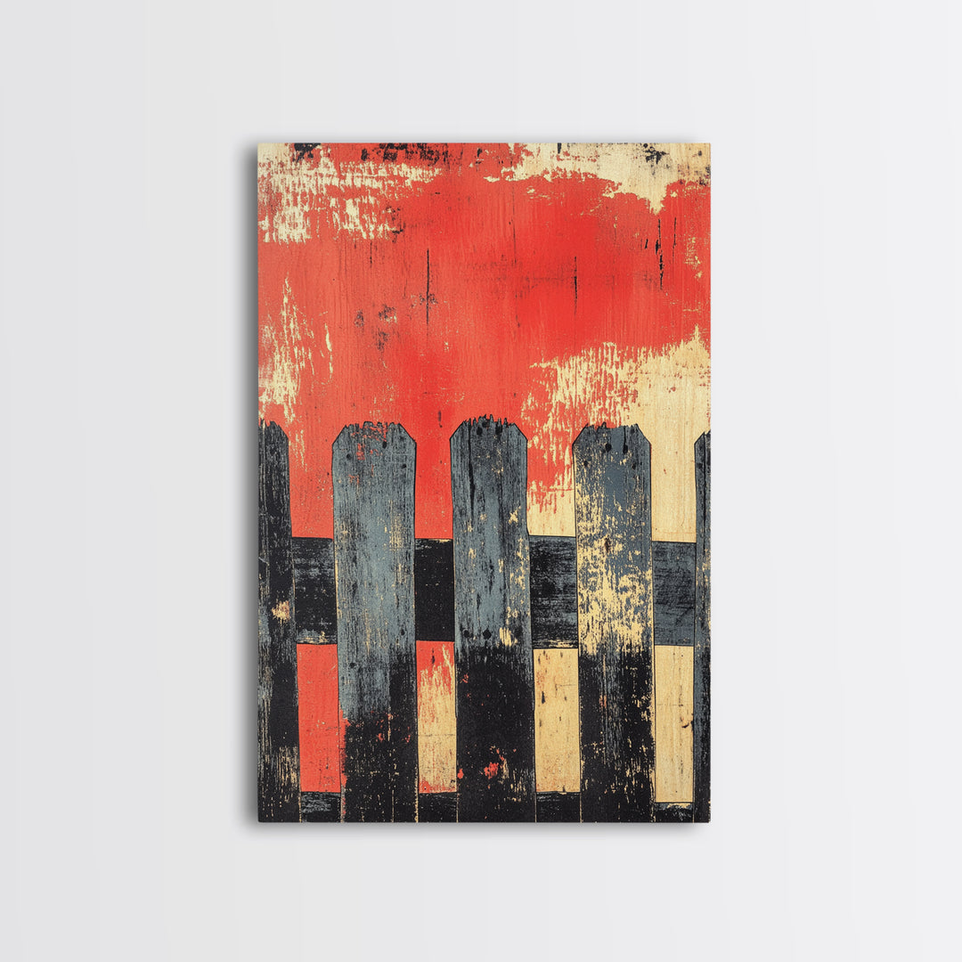 Black Picket Fence On Red Background Wall Art, Rustic Abstract Print, Farmhouse Wall Decor, Modern Canvas Print, Bold Home Decor