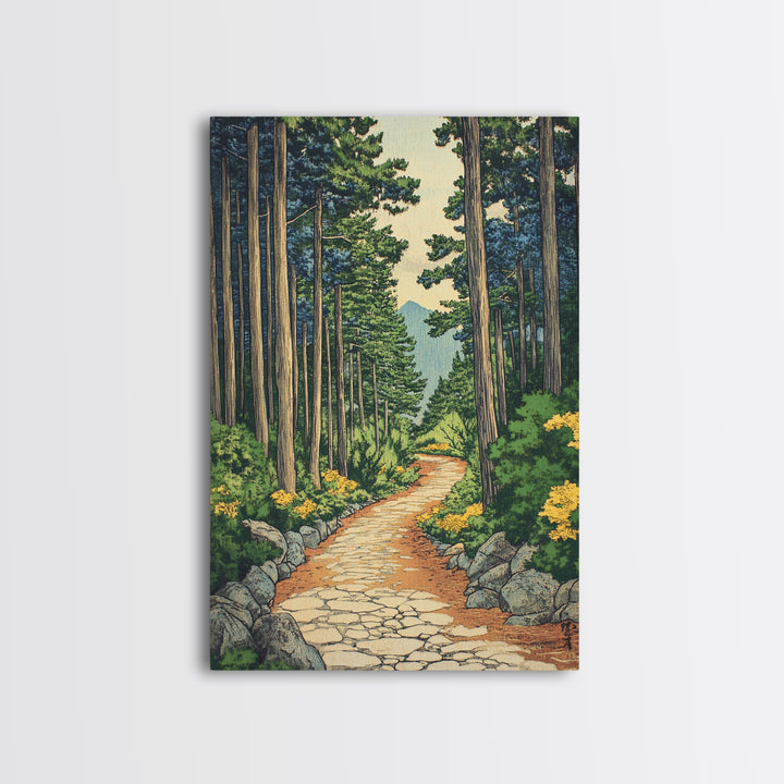 Pine Forest Path With Yellow Flowers Wall Art, Nature Landscape Print, Cabin Decor, Peaceful Framed Canvas Print, Living Room Decor