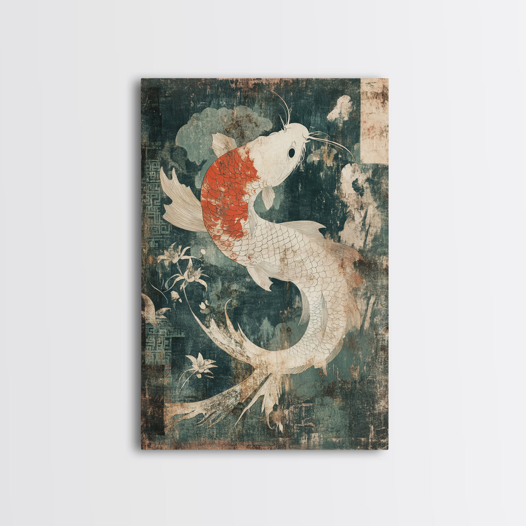White And Orange Koi Fish Framed Canvas Print, Japanese Wall Art, Zen Home Decor, Asian Inspired Living Room Decor, Koi Wall Decor