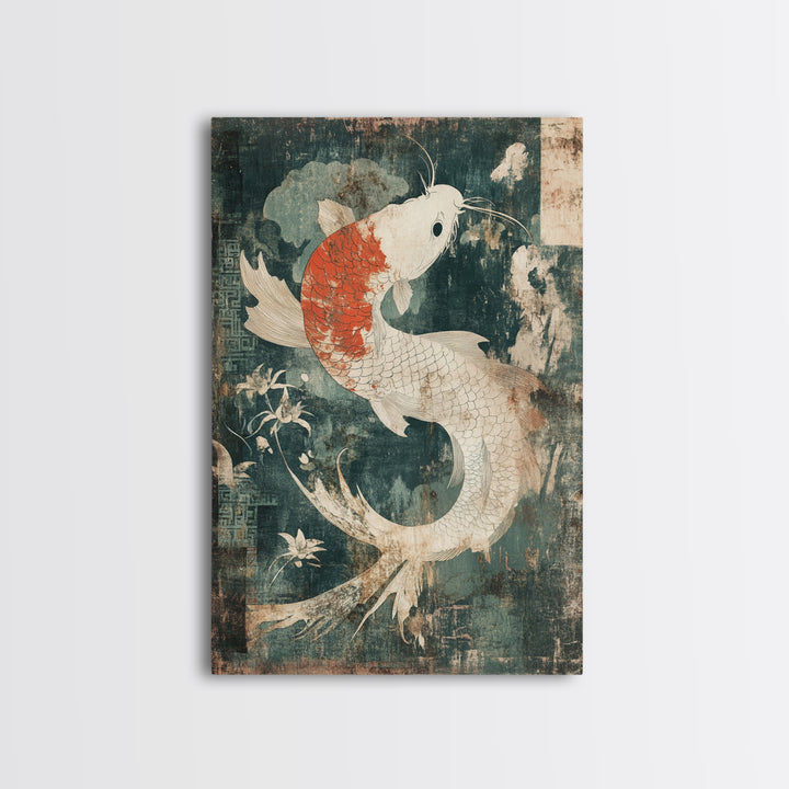 White And Orange Koi Fish Framed Canvas Print, Japanese Wall Art, Zen Home Decor, Asian Inspired Living Room Decor, Koi Wall Decor