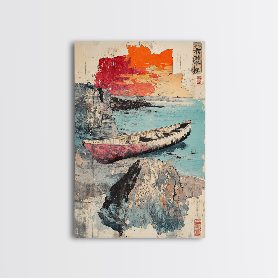 Weathered Canoe And Sea Cliffs Wall Art, Japanese Coastal Print, Ocean Landscape Decor, Nautical Living Room Wall Art, Home Decor