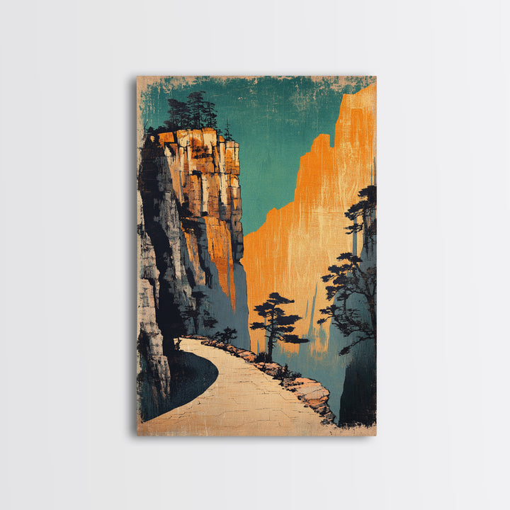 Golden Mountain Path Framed Canvas Print, Japanese Landscape Wall Art, Japandi Decor, Nature Wall Art, Entryway Wall Decor