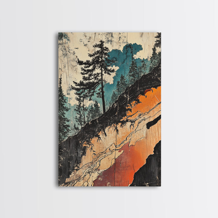 Teal Forest Cliff Abstract Landscape Wall Art, Japanese Woodblock Canvas Print, Rustic Nature Decor, Modern Living Room Decor