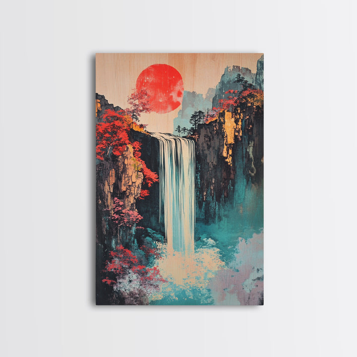 Red Sun Waterfall Mountain Landscape Wall Art, Japanese Woodblock Print Style, Teal Coastal Decor, Zen Living Room Art Print