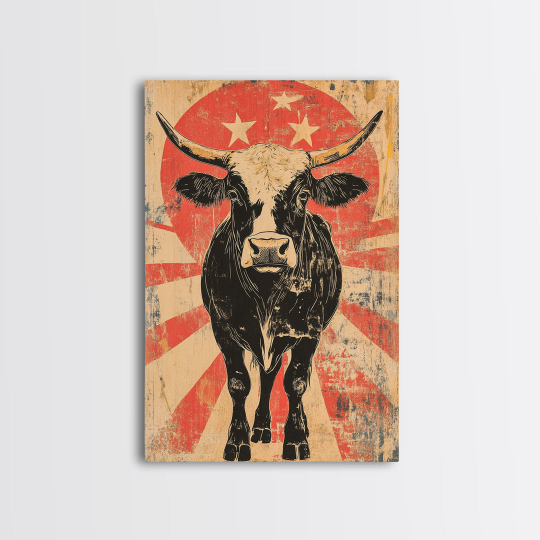 Black Longhorn Bull Retro Western Wall Art, Rustic Farmhouse Cowboy Canvas Print, Bold Animal Print, Man Cave Home Decor, Gift For Him
